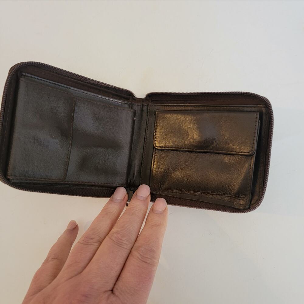 Vintage Black Leather Zip Around Wallet Bifold w/ Coin Pocket & Card Slot Secure
